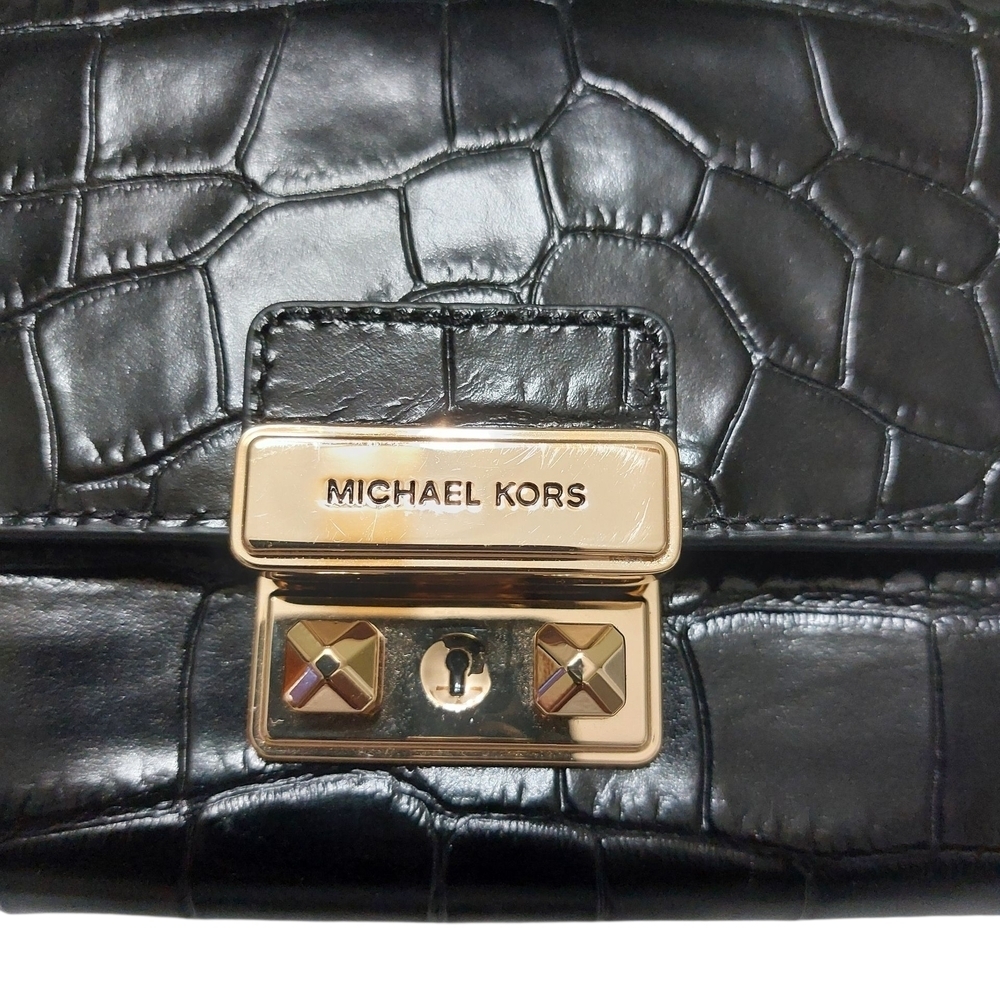 Michael Kors Tribeca Black Croc-Embossed Wristlet with Gold Accents - Picture 3 of 6